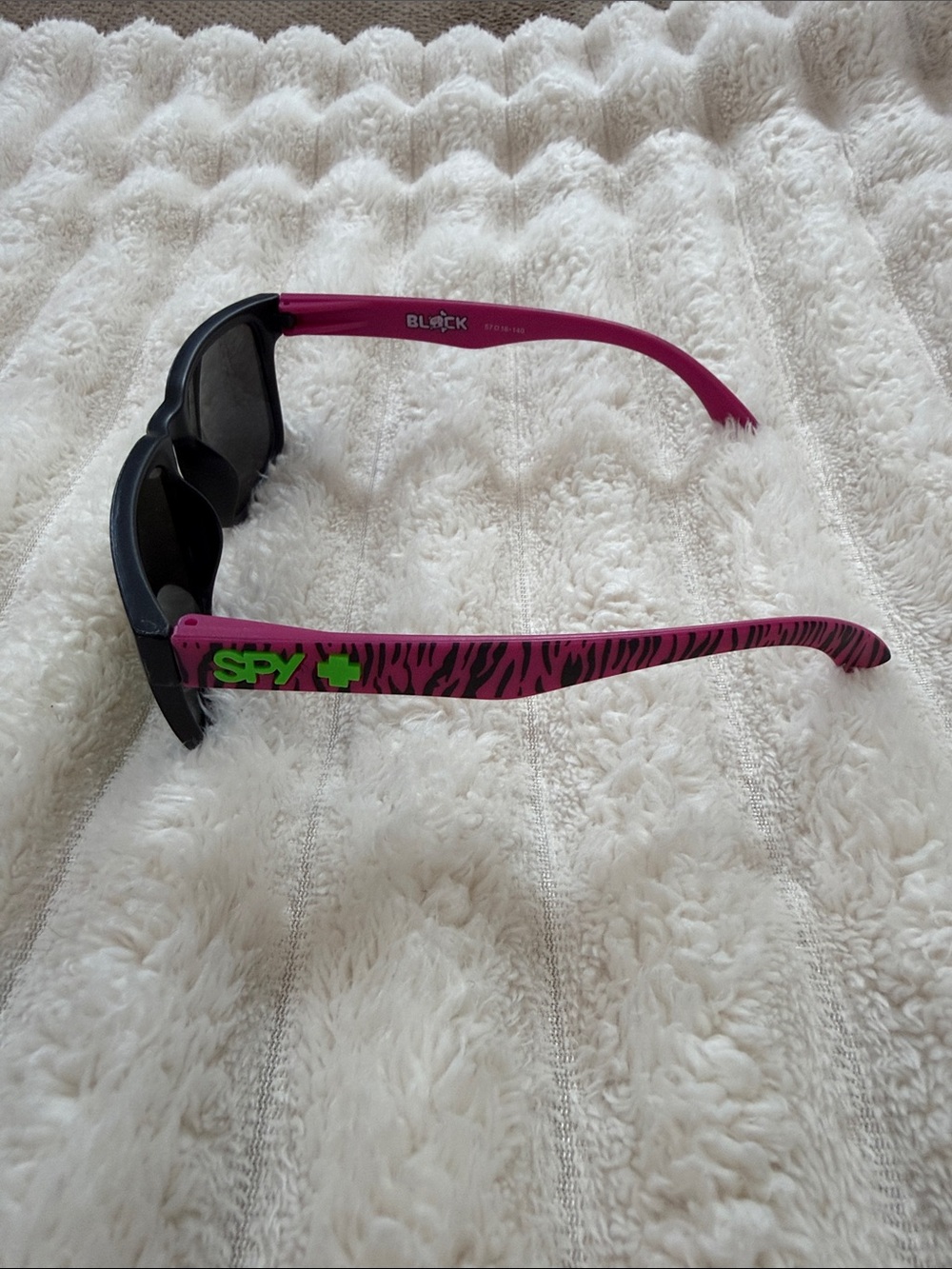 SPY Black Front Sunglasses with Pink Zebra Temples and Green Logo